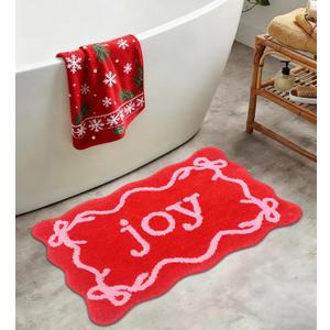 16x24 Inch Holiday Door Mat, Bath Rug, Non-Slip Xmas Bath Rug TPR Rubber Backed, Soft Long Pile Absorbent Bathroom Rug with "JOY", Festive Door Mat for Bathroom, Kitchen, Winter, New Year Decor