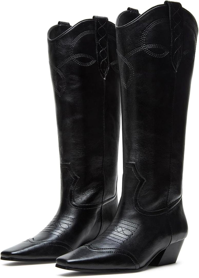 Coutgo Womens Cowboy Western Boots with Embroidered Square Toe Chunky Heel Mid Calf Boots Fall Winter Shoes (Black)