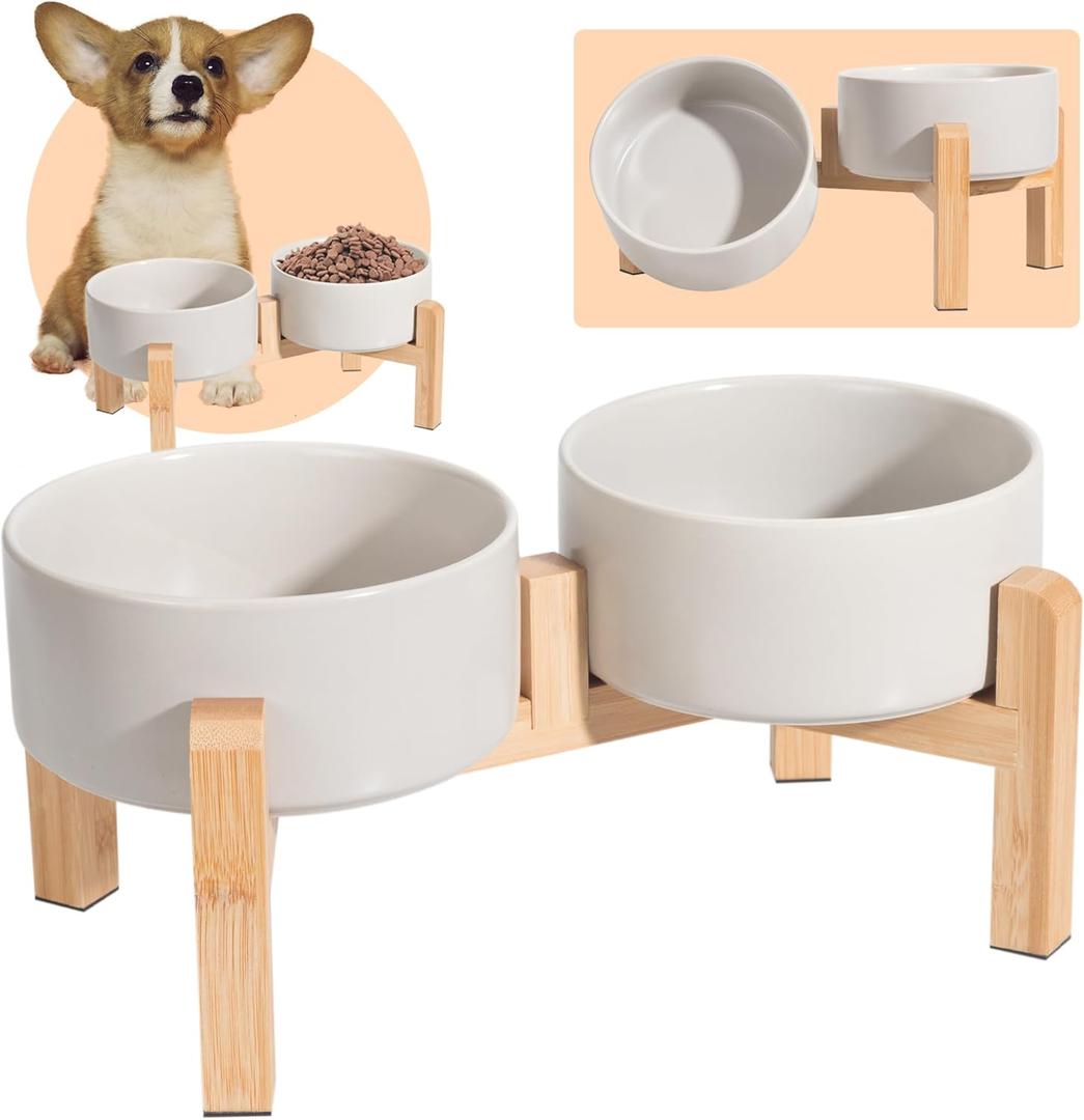 Elevated Dog Bowls Ceramic, 7'' Dogs and Cat Food Water Bowls Raised with Non-Slip Bamboo Stand for Medium Sized Breed Microwave Dishwasher Safe - 28.7 OZ,Grey