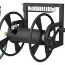 Artigarden Garden Wall Mounted Hose Reel, Outdoor Heavy-Duty Water Hose Holder Winder, Holds 125 Feet of 5/8-Inch Hose, with 3.9 ft Leader Hose, Brass Fitting and Storage Basket for Yard, Black