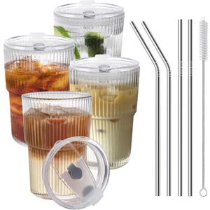 HIGIINC Iced Coffee Cups With Lids 4 Pcs, 16 OZ Unbreakable Glasses Drinking Set,Clear Plastic Cups Reusable Iced Coffee Tumbler with Lid and Straw, To Go Coffee Cups Dishwasher Safe