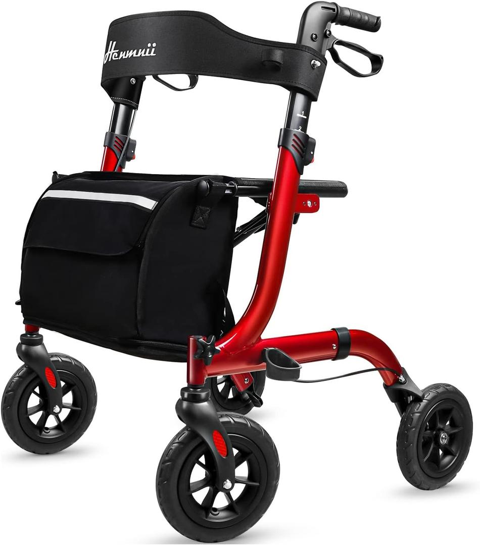 Rollator Walker for Seniors, Lightweight Foldable All Terrain Rolling Walker with seat, Aluminum Walkers with 8 inch Rubber Wheels, Handles and Backrest for Seniors and Adult (Red)