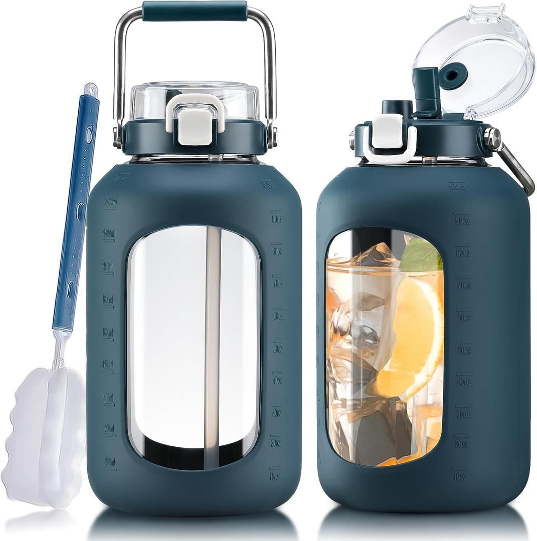 WINSA Large Glass Water Bottles with Stainless Steel Handle,100 oz Gallon Drinking Bottle with 2-in-1 Straw Lid,3 Liter Glass Water Jug with Silicone Sleeve,Wide Mouth,Dark Blue