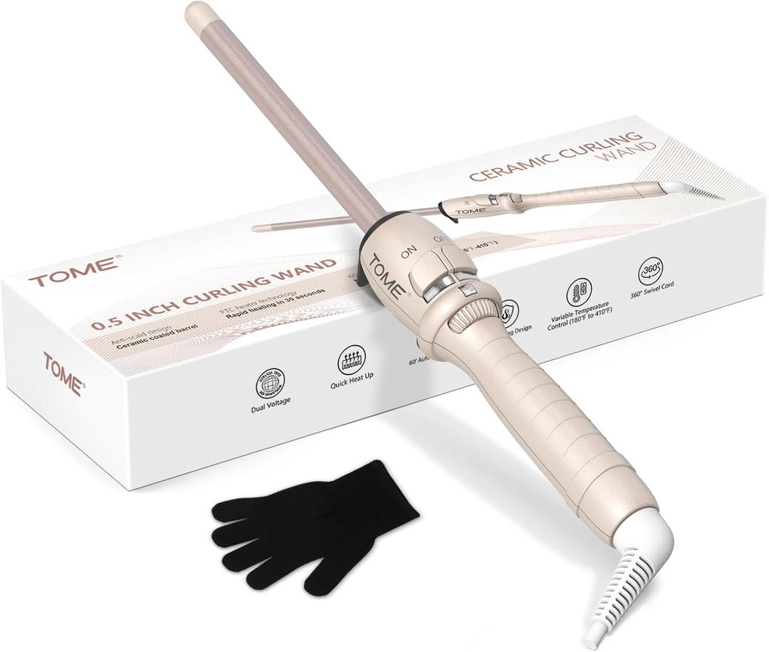 1/2 Inch Dual Voltage Hair Curling Wand for Beach Waves, Frizz-Free, and Lasting Curls - Salon Hair Curlers and Styling Tool for Short & Long Hair, Heat Glove Included (0.5 In)