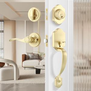 Leydebong Gold Front Door Handle and Deadbolt Set, Classic Front Door Lock Set, All Keyed Differrnt Front Door Handle with Single Cylinder Deadbolt for Exterior Door, Reversible for Right&Left (Wave Handleset with Lever - 1 Pack, Satin Brass)