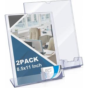 Vicenpal Acrylic Sign Holder with Business Card Holder, 8.5 x 11 Clear Brochure Display Stand Flyer Stand with Business Card Pocket for Magazine Pamphlet Booklets Menu Desktop(2 Pcs)