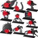 DoubleFill 10 Pcs Derby Decorations Wooden Horse Racing Table Centerpiece Sign Black Horse 3D Red Rose Horseshoe Wood Signs for Tabletop Desk Home Shelf Mantel Derby Party Tiered Tray Decor