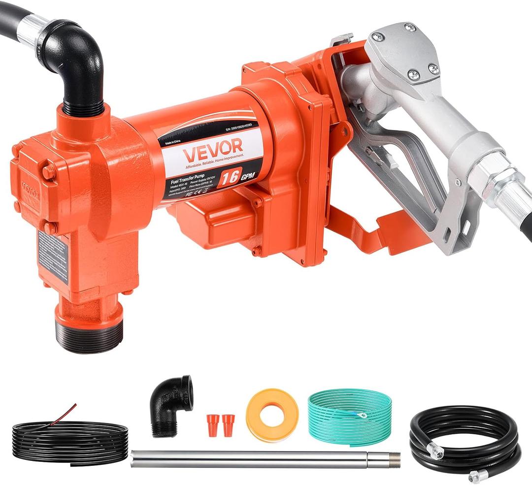 VEVOR Fuel Transfer Pump, 12V DC 16 GPM 1/4 HP Diesel Pump, Extractor Pumps with Manual Nozzle, Discharge Hose and Suction Pipe, for Gasoline, Diesel, Kerosene, Ethanol-Methanol Blends & Biodiesel