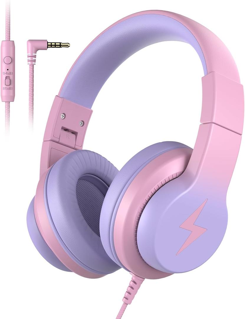 Candy Bila Kids Wired Headphones for Kids with Microphone, 85/94dB Volume Limiter Headphones for Girls Boys, Light Purple