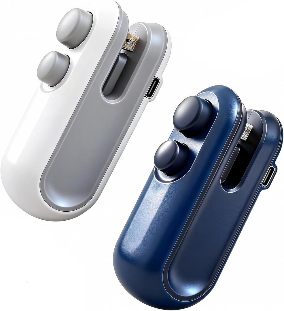 2Pcs Mini Bag Sealer with Cutter and Magnet,Rechargeable Mini Bag Sealer and Cutter,Household Hand Pressure Portable Snack Plastic Heat Sealing Machine for Snacks,Food Freshness Storage (White & Blue)