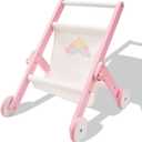 FUNLIO Wooden Doll Stroller for Toddlers 12 Months+, Adorable Pink Baby Doll Strollers for Pretend Play, Rounded Corner & Stable Triangular Structure, Easy to Assemble & Fold, CPC & CE Certified
