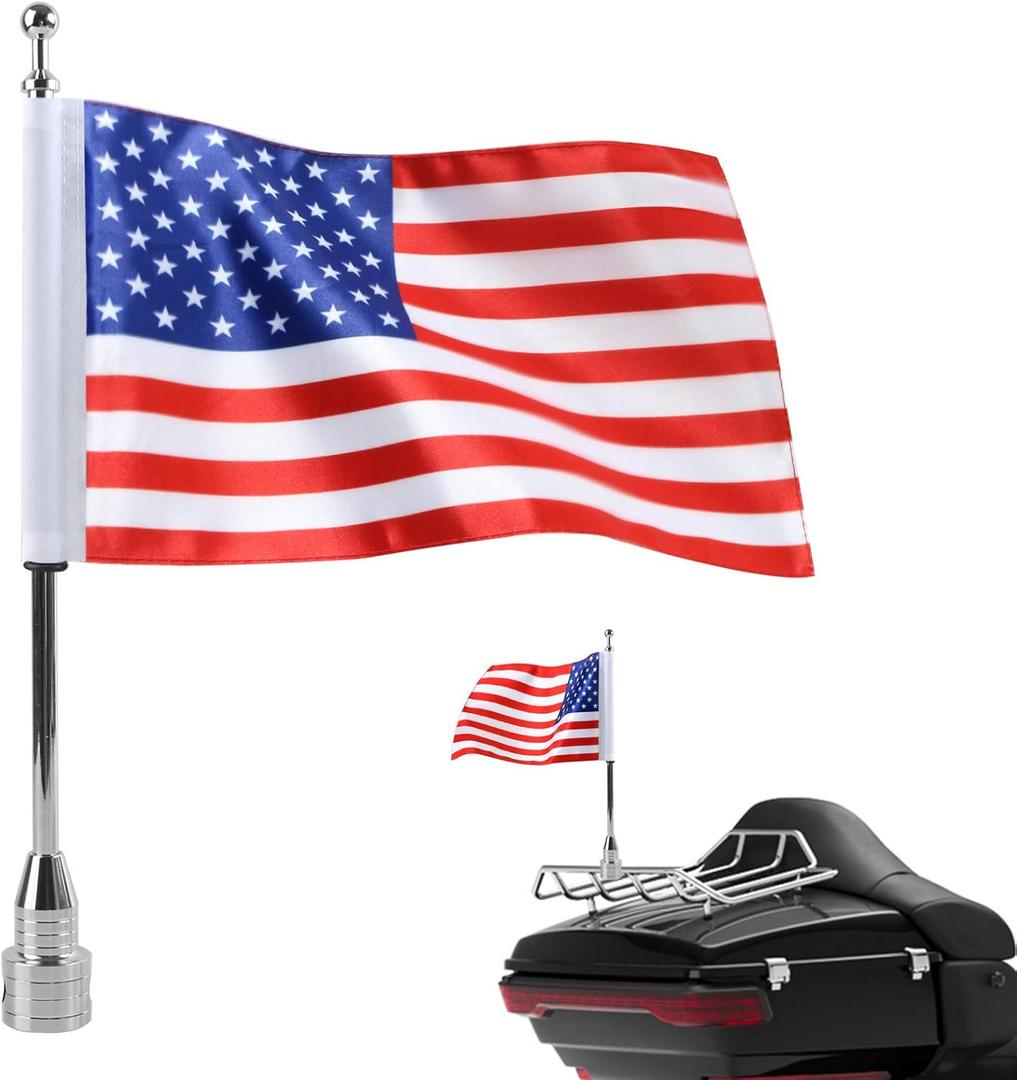 Motorcycle Flagpole Mount and American Flag - 6" x 9"Double Sided USA Flag Premium Steel 13" Flag Pole Fixed Mount for 1/2" Luggage Rack For Harley Davidson Honda Goldwing Yamaha Most Motorcycles