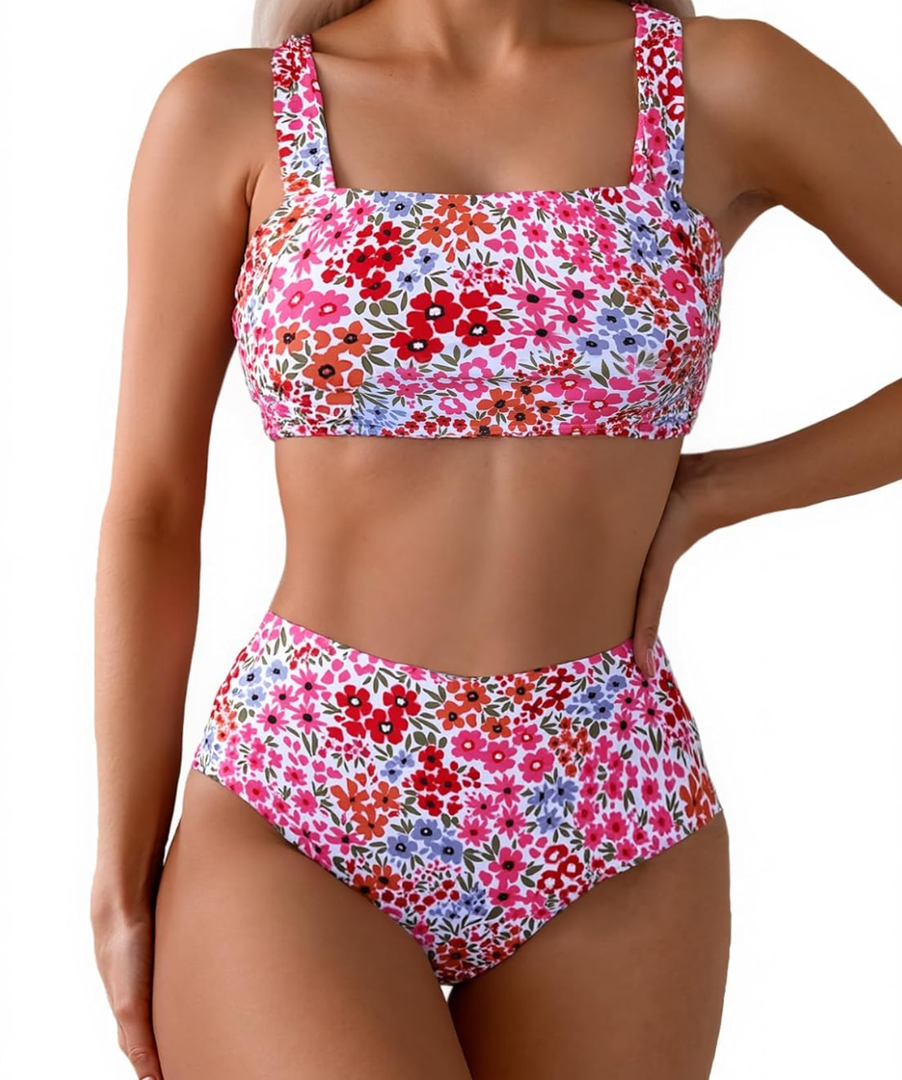 Fanuerg Women's High Waisted Bikini Sets Wide Straps Two Piece Swimsuit Floral Print Bathing Suits, Size M