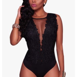 RARITYUS Women Sexy Lace Bodysuit Jumpsuit See Through Mesh Sleeveless/Long Sleeve Tops Swimsuit for Party Outfit, Small 