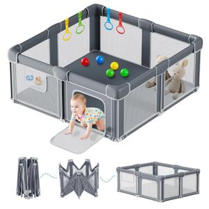 Foldable Baby Playpen with Mat, 50x50 Inches, Grey