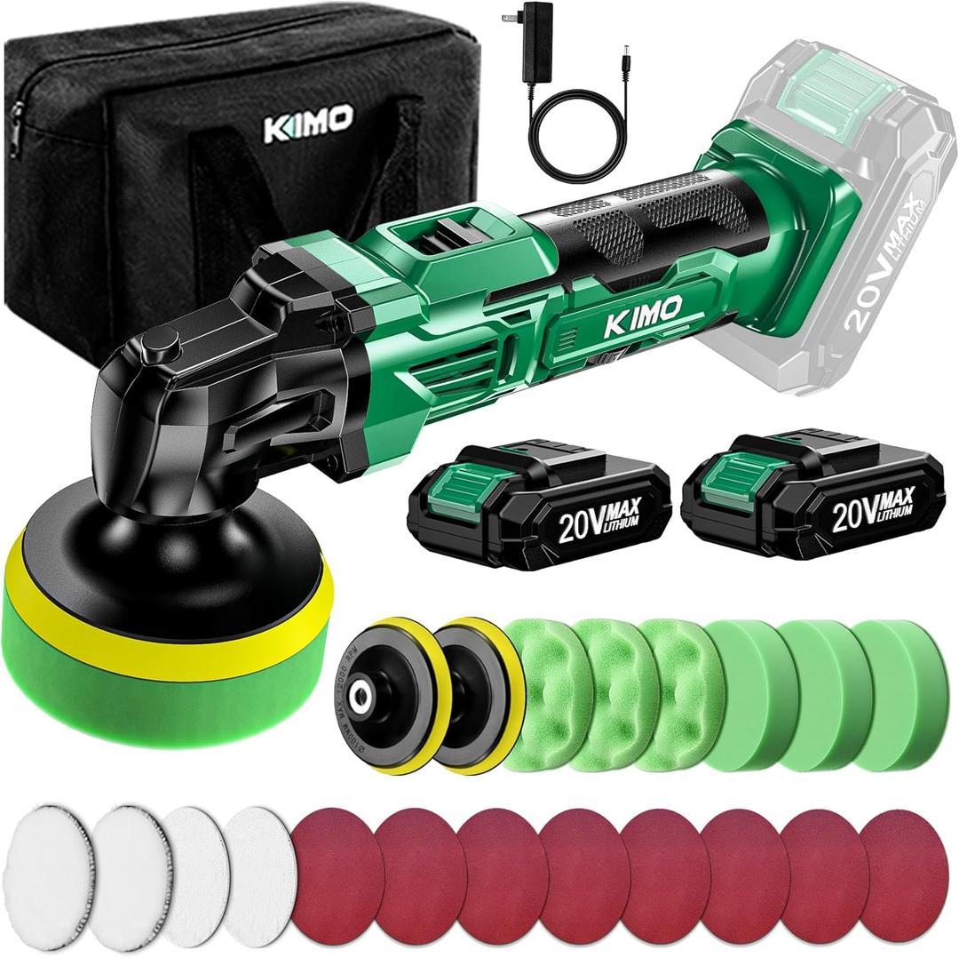 KIMO 20V Cordless Buffer Polisher Kit, 25Pcs Polishing Kit, 6 Speeds to 6000RPM Cordless Polisher with 2*2000mAh Batteries, 4 Inch Buffer Polisher for Car, Motorcycle, Truck Detailing, Scratch Remover
