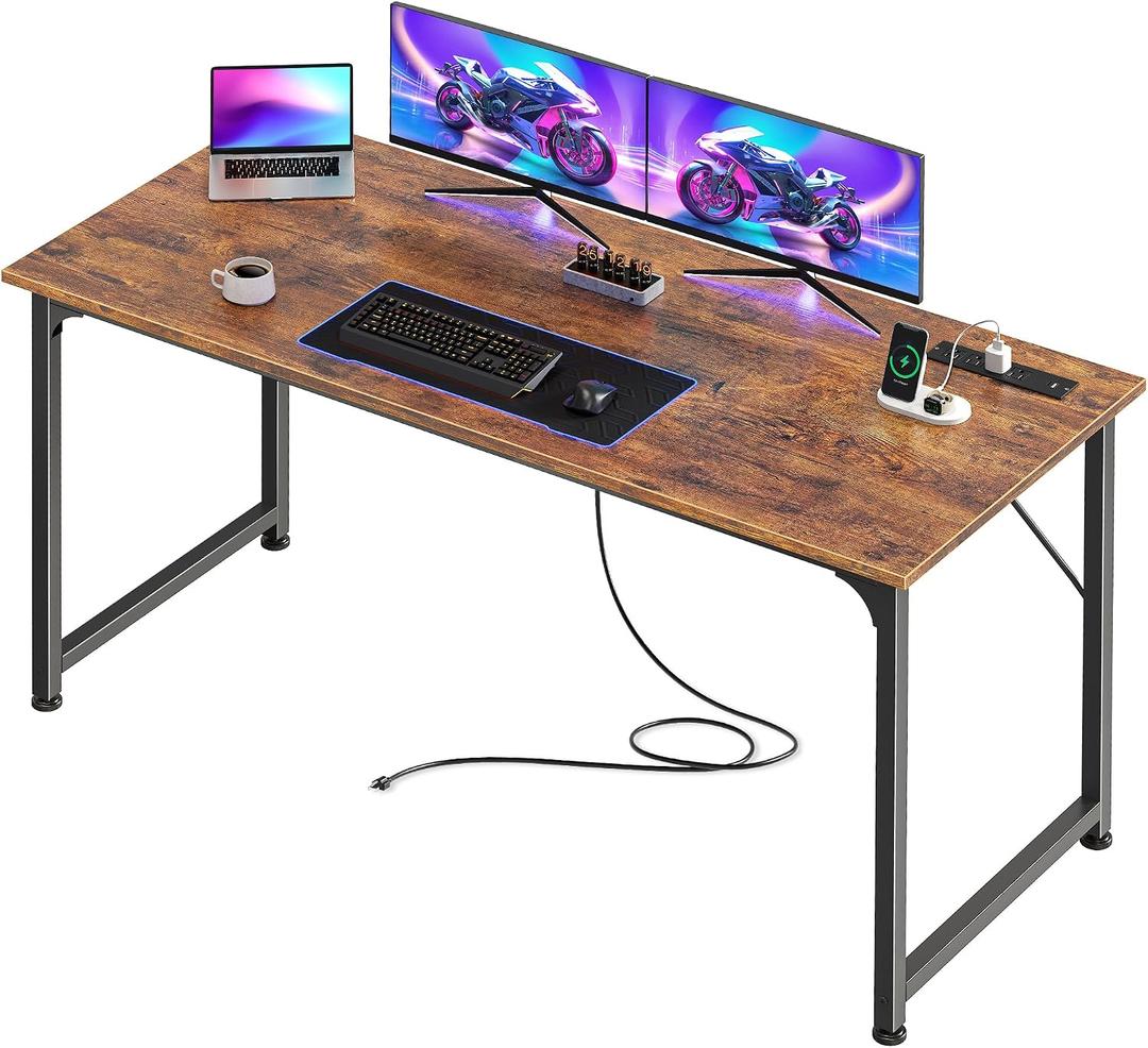 PRAISUN 55 X 20 Inch Office Computer Desk with Power Outlets and USB-C Port, Larger and Longer Gaming Desk, for Home Office, Study, Bedroom, Writing Work from Home Table, Metal Frame, Rustic Brown