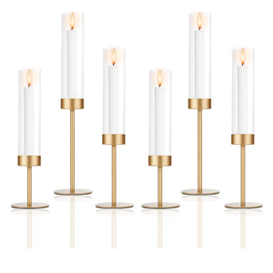Set of 6 Gold Candle Holders, Tall Hurricane Candlestick Holders with Glass for Taper and Pillar Candles, Home Decor for Wedding, Christmas, Party, Anniversary, Dining Table