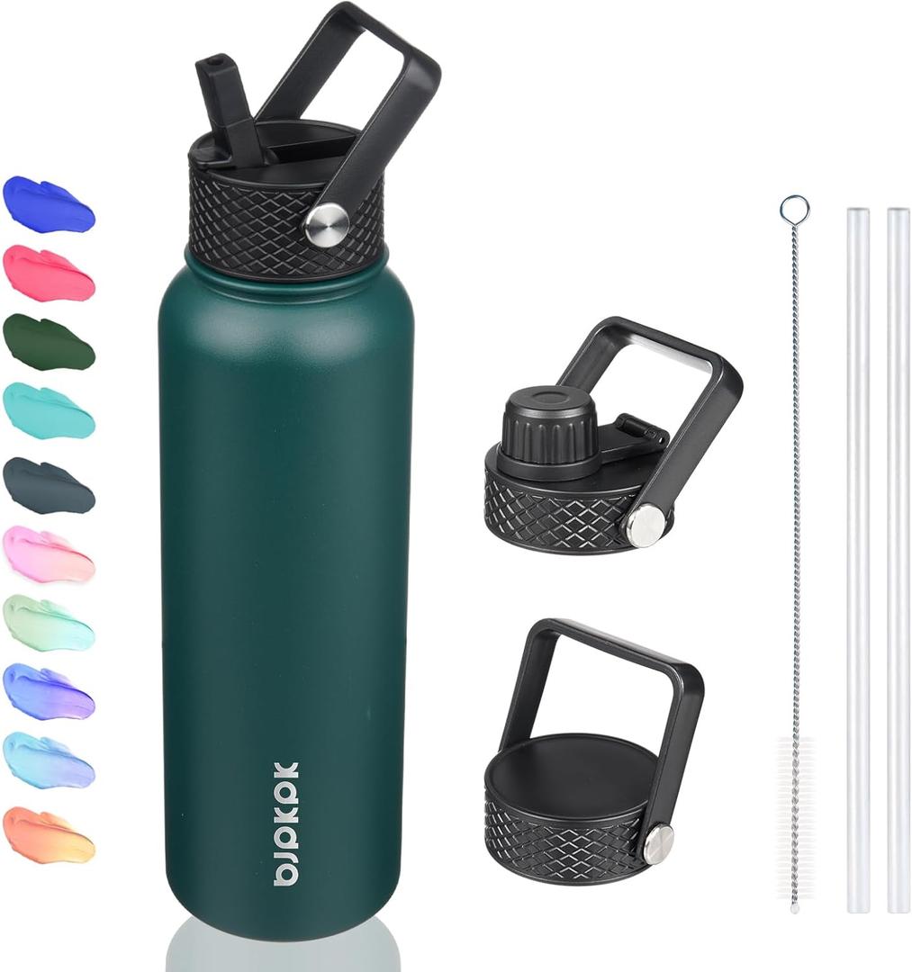 BJPKPK Insulated Water Bottles with Straw Lid, 40oz Stainless Steel Water Bottles with 3 Lids, BPA Free Leakproof Thermos, Tumblers, Cups for Sports, Gym- Army Green