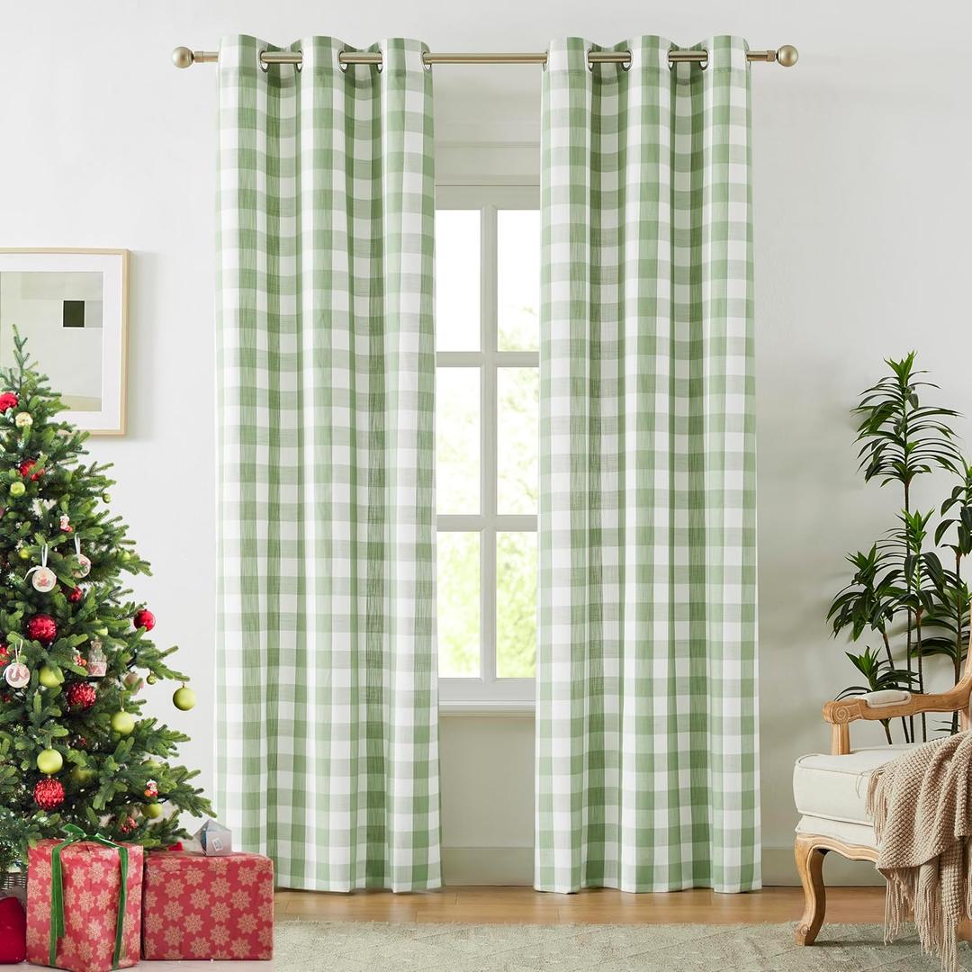 Amzdecor Christmas Buffalo Plaid Grommet Curtains 84 Inch Length, Green Semi-Sheer Gingham Check Farmhouse Rustic Textured Curtains Drapery for Living Room Bedroom,2 Panels 40" x 84",Green & White