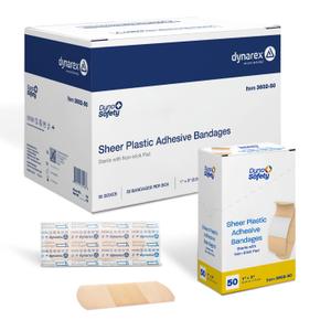 Dynarex Sheer Plastic Adhesive Bandages Water-Resistant and Sterile Non-Stick Pad First Aid Covers Minor Cuts Scratches - 1" x 3", Case of 50 Boxes, 50 per Box