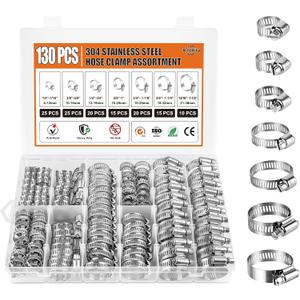Hose Clamp Assortment Kit 130 PCS, 304 Stainless Steel Hose Clamps 1/4''–1-1/2'' Worm Gear Clamps Pipe Clamp for Auto, Radiator, Fuel Line, Duct,Tube