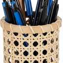 Rattan Pencil Holder, Handwoven Openwork Pen Cup for Desk, White Cane Woven Pencil Cup Organizer, Boho Rustic Office Decor, 1-Pack