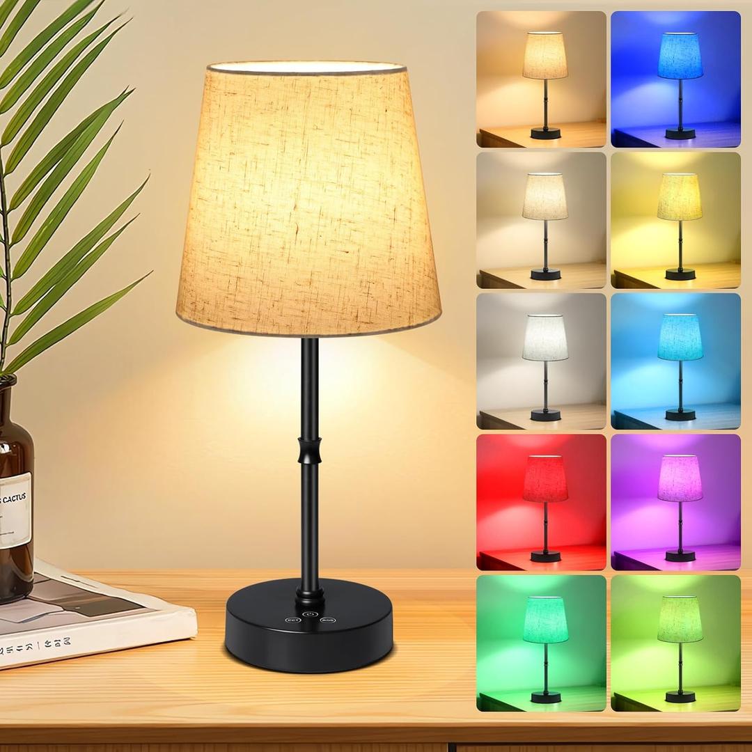 Wowag Cordless Table Lamp,5000mAh Rechargeable Battery Operated Desk Lamp,3 Colors & 7 RGB Stepless Dimmable,Portable Wireless Touch Bedside Night Light for Restaurant, Home,Decor Party,Flaxen Shade