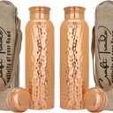 Craft Trade Pack of 2 Pure Copper Bottle with Lid and Carry Bag for Drinking Water BPA Free Leak Proof Boosts Immunity, Supports Digestive & Liver Health, Ayurveda Inspired 34oz - 1 Litre Natural (Natural Copper)