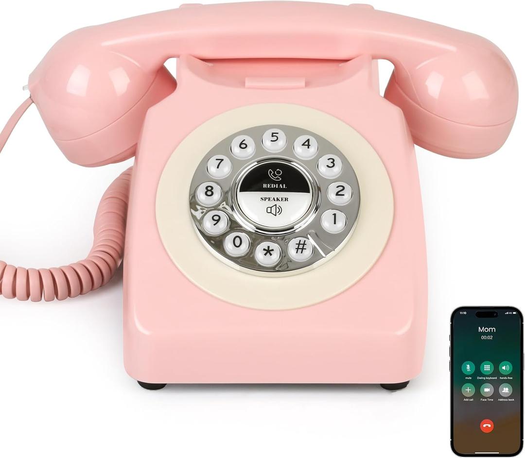 Bluetooth Landline Phone with Handset and Speakerphone, Retro Bluetooth Home Phone, Classic Bluetooth Desk Phone, Cordless Bluetooth Telephone with USB Rechargeable (Pink)