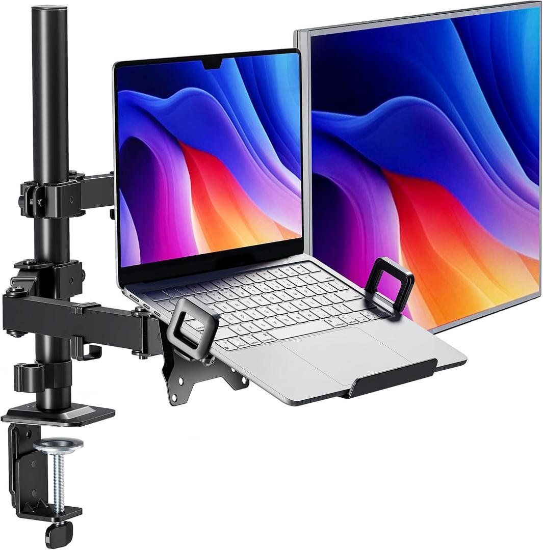 monTEK Monitor Mount and Laptop Stand for Desk, Adjustable Height Monitor Arm Fit up to 32 inch Screen and 17 inch Laptop, Hold up to 22lbs Weight, C-Clamp and Grommet