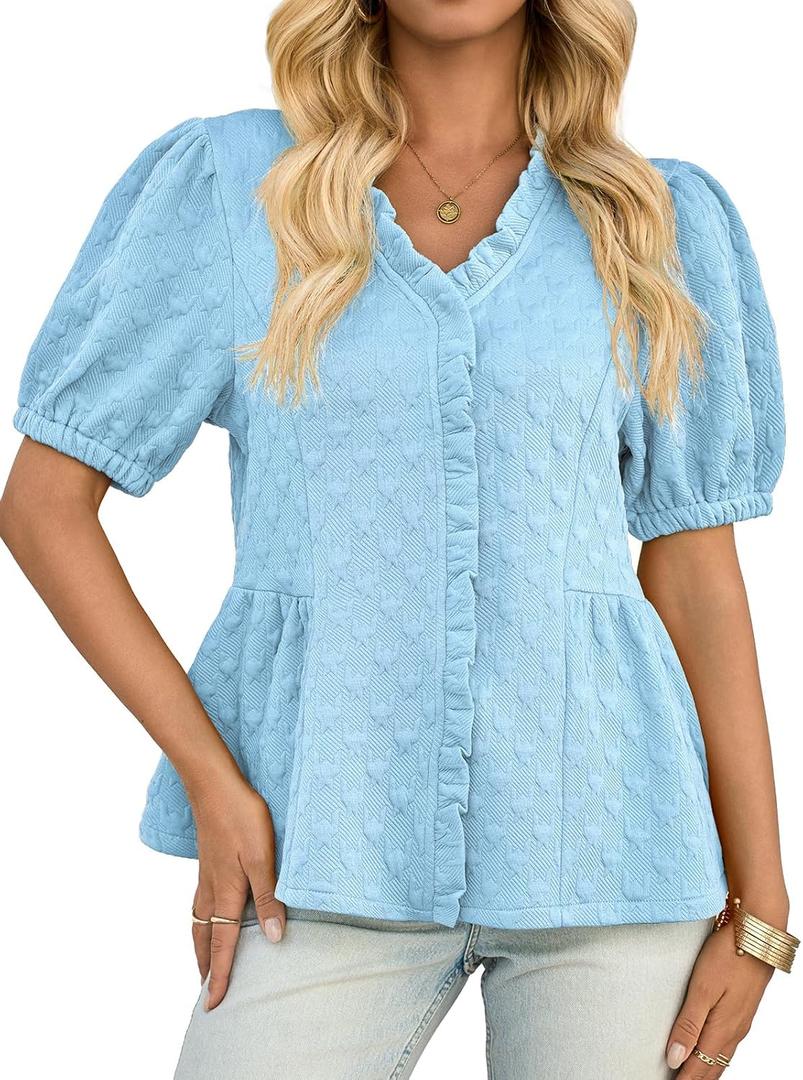 Cicy Bell Womens Peplum Puff Sleeve Tops Dressy Casual Summer Textured Blouses V Neck Ruffle Pleated Shirts (Medium, Sky Blue)