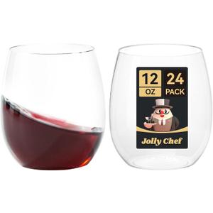 JOLLY CHEF 24 Pack 12 Oz Disposable Plastic Wine Glasses, Shatterproof, Unbreakable, Crystal, Stemless Plastic Wine Cups for Party, Halloween, Thanksgiving, Christmas
