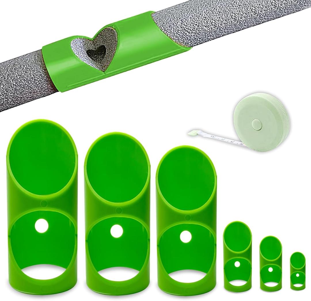 6PCS Pipe Insulation Cutting Guide Molded Foam Pipe Cutter Tool with 15MM-53MM Insulation Cutting Fixture for Home/Industrial/Commercial Plumbing + Bonus 59" Tape Measure (Green)
