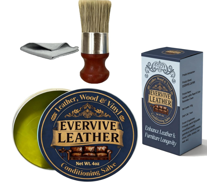 Leather & Wood Restoring Salve  4oz Furniture Polish & Conditioner with Applicator Brush & Microfiber Towel, for Leather Couches, Car Seats, Wood Tables & Vinyl