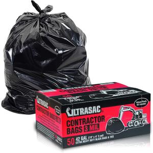 Ultrasac Heavy Duty Contractor Bags (VALUE 50 PACK/w TIES), 42 Gallon, 32.75" X 47" - 3 MIL Thick Large Black Industrial Garbage Trashbags for Construction and Commercial use
