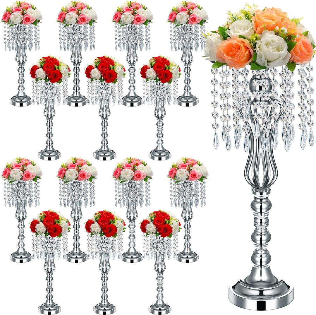 Didaey 16 Pcs Wedding Centerpieces for Tables, Gold Silver Vase Centerpiece with Chandelier Crystal Metal Flower Stand, Tall Flower Vases for Wedding Party Home Decoration(Silver,21.3)