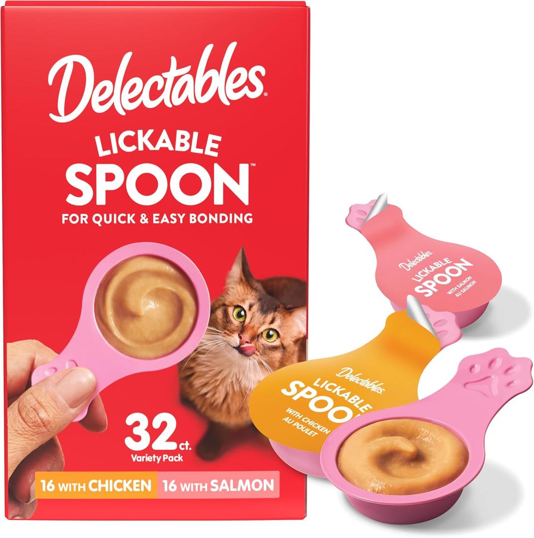 Delectables Lickable Spoon Handheld Wet Cat Treats Made with Real Chicken & Salmon, Quick & Easy Creamy Puree, Mess Free, Grain-Free, No Added Fillers, No by-Products, Variety Pack, 32ct (EXP 03/23/28)