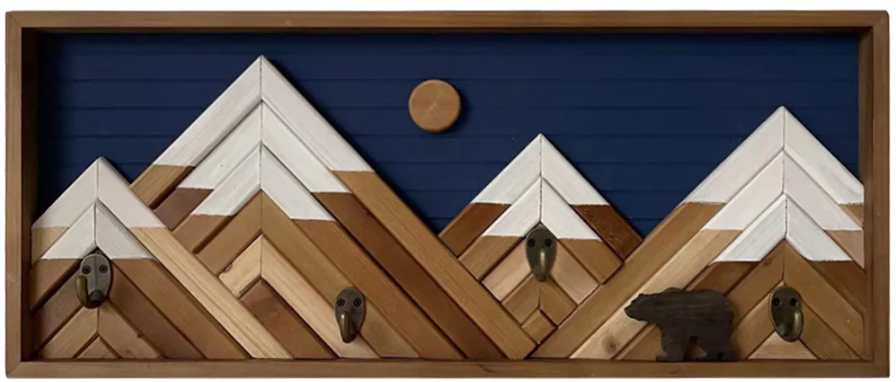 24x10 Wooden Wall Decor Mountain With Metal Hooks