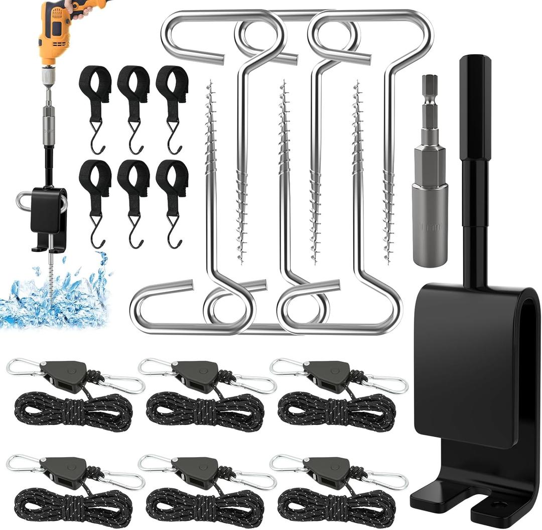Housolution Ice Anchor Tool Kit, 20Pcs Universal Ice Fishing Shelter Tools with 1/4" Adapter Head Anchor Drill Adapter, Tent Stakes, 13FT Ratchet Ropes, Tent Hooks, Setting Up Icing Shelters Tents