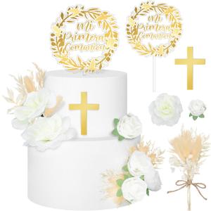 9 Pcs Mi Primera Comunion Cake Topper Gold Cross and Dried Flower Decor Set First Holy Communion Baptism Cake Pick Religious God Bless Baptism Cake Decoration for Celebration Milestones Decor