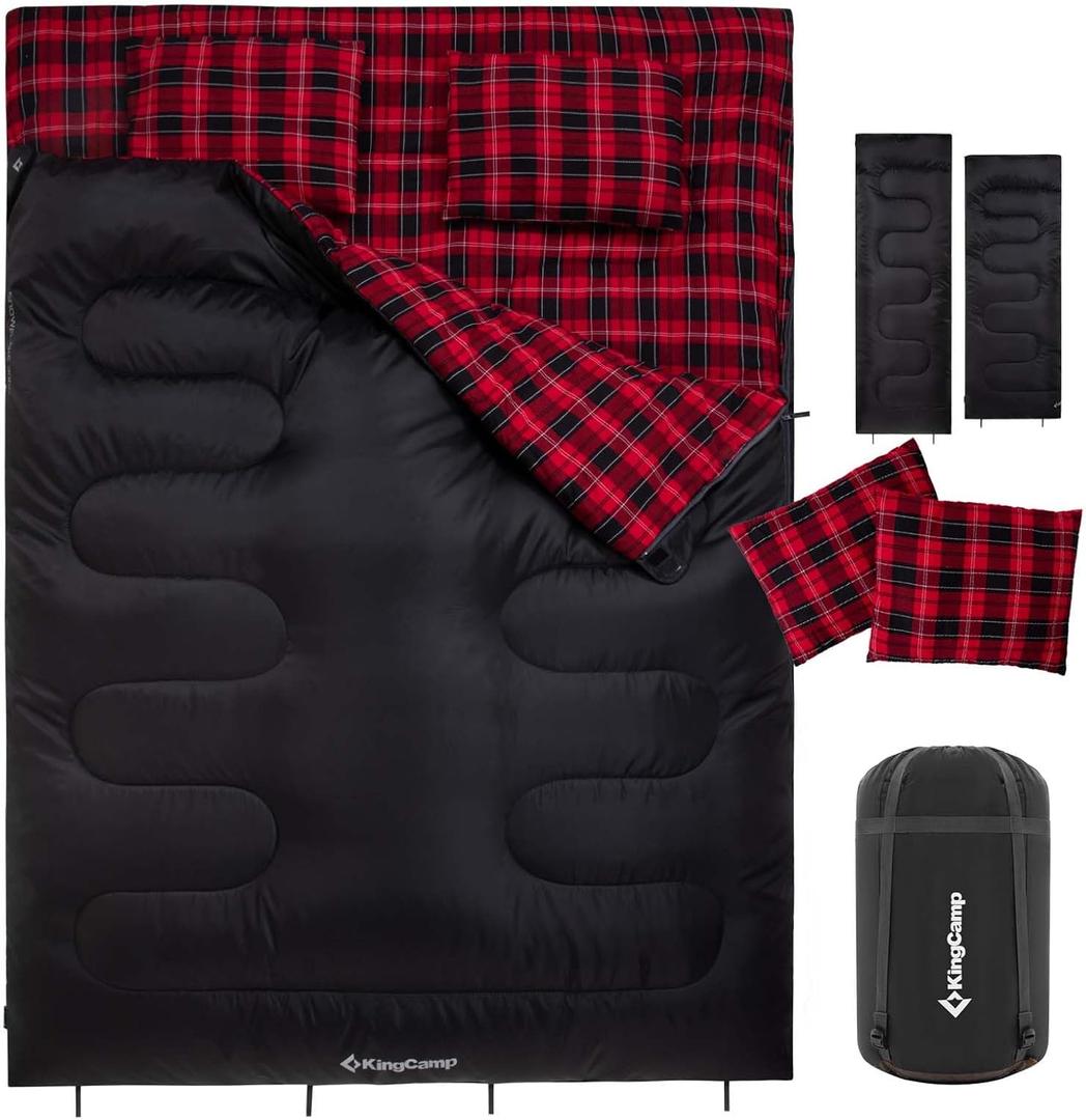 KingCamp Double Sleeping Bag for Adults, Queen Size 2 Person XXL Flannel Sleeping Bag, Waterproof Lightweight Flannel Quilt with 2 Pillows, Perfect for Couples Family Camping Hiking (Envelope-Black)