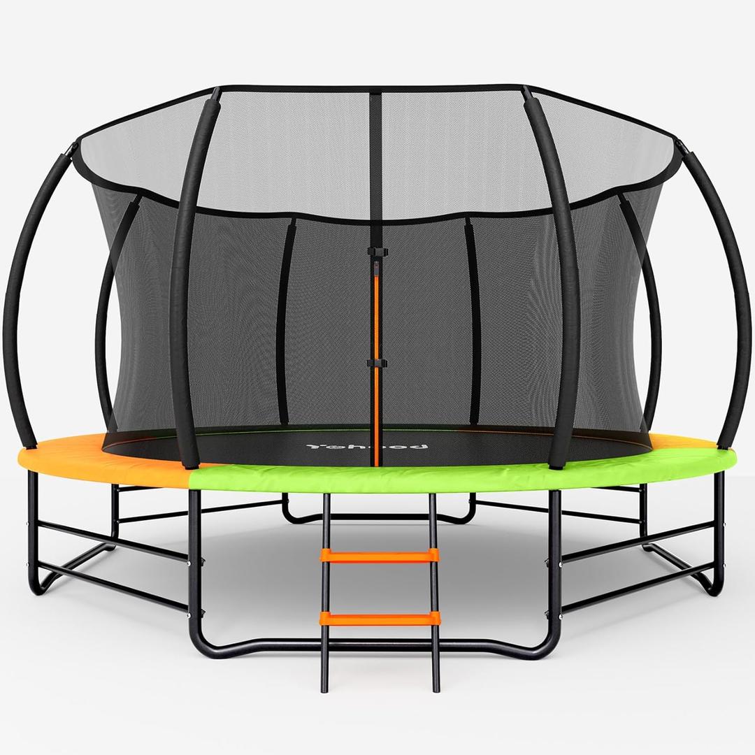 Trampoline Outdoor 12FT 14FT, Recreational Trampolines with Enclosure Net and Ladder, ASTM Approved for Kids and Adults, with Additional 8 Stabilizer Bars and Anti-Rust Coated Galvanized Frame