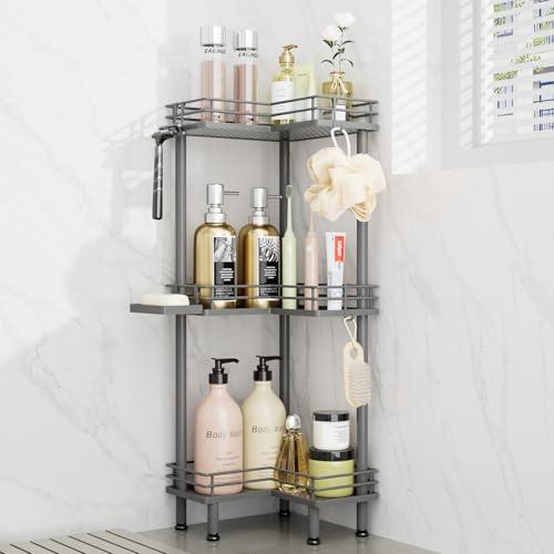 Consumest Corner Shower Caddy Standing - 3-Tier Stainless Steel Shower Organizer with Soap Holder and 4 Hooks, Large Capacity Corner Shelf Stand for Bathroom, Rest Room, Grey