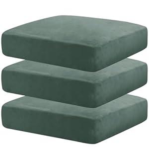 MAXIJIN Velvet Stretch Cushion Covers Fitted Couch Cushion Slipcovers Sofa Seat Cushion Covers for Individual Cushions with Elastic Bottom (3 Piece Sofa Seat Slipcovers, Pea Green)