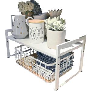Expandable Cabinet Shelf Organizer 16-26" L Stackable Kitchen Counter Shelf Rack Stand Sink Riser Countertop Storage White (Wide 10.6”D)