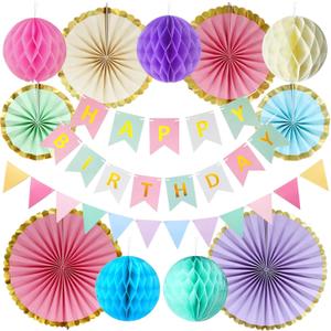 Pastel Birthday Party Decoration, Macaron Happy Birthday Party Decoration for Girls Women with Happy Birthday Banner Bunting Hanging Paper Fans, Girl Woman Pastel Birthday Honeycomb Decoration, Multicolor 