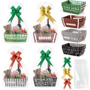 OSNIE 24 Sets Football Baskets for Gifts Empty with Cellophane Basket Bags and Ribbons Bows, Cardboard Basket Tray for Football Season Birthday Packaging, Empty Gift Box Kits to Fill for Party Favors, 19.6*27.5 inches/ 50*70 cm