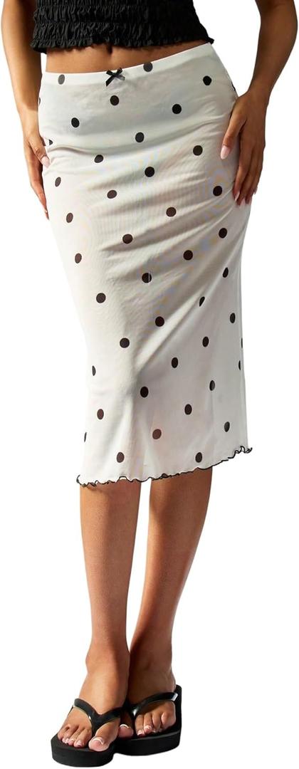 Milumia Women's Polka Dots Sheer Skirts Bow Front Low Waist Lettuce Hem Midi Skirt (White, S)