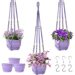 Macrame Plant Hanger with Pot, 3 Set Hanging Planters for Indoor Plants, Handmade Cotton Rope Boho Home Decor, Idea Gift for Anyone, Includes Plant Holders, Pots, Plates and Hooks (Purple)
